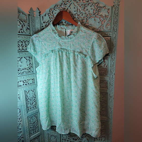 Joie | Mock Neck Floral Chiffon Cap Sleeve Blouse | Mint Green & Gold | Large - Picture 8 of 11